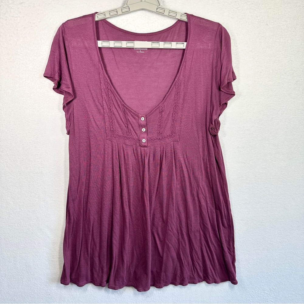 Converse One Star Flowy Top Womens L Purple Short Sleeve Lightweight Sheer Rayon
